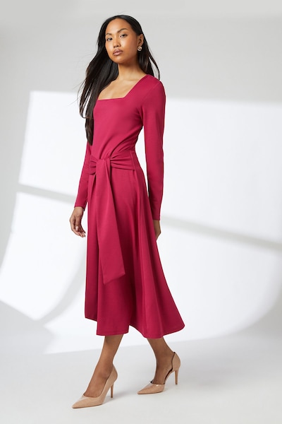 Principles Raspberry Square Neck Belted Ponte Midi Dress Raspberry