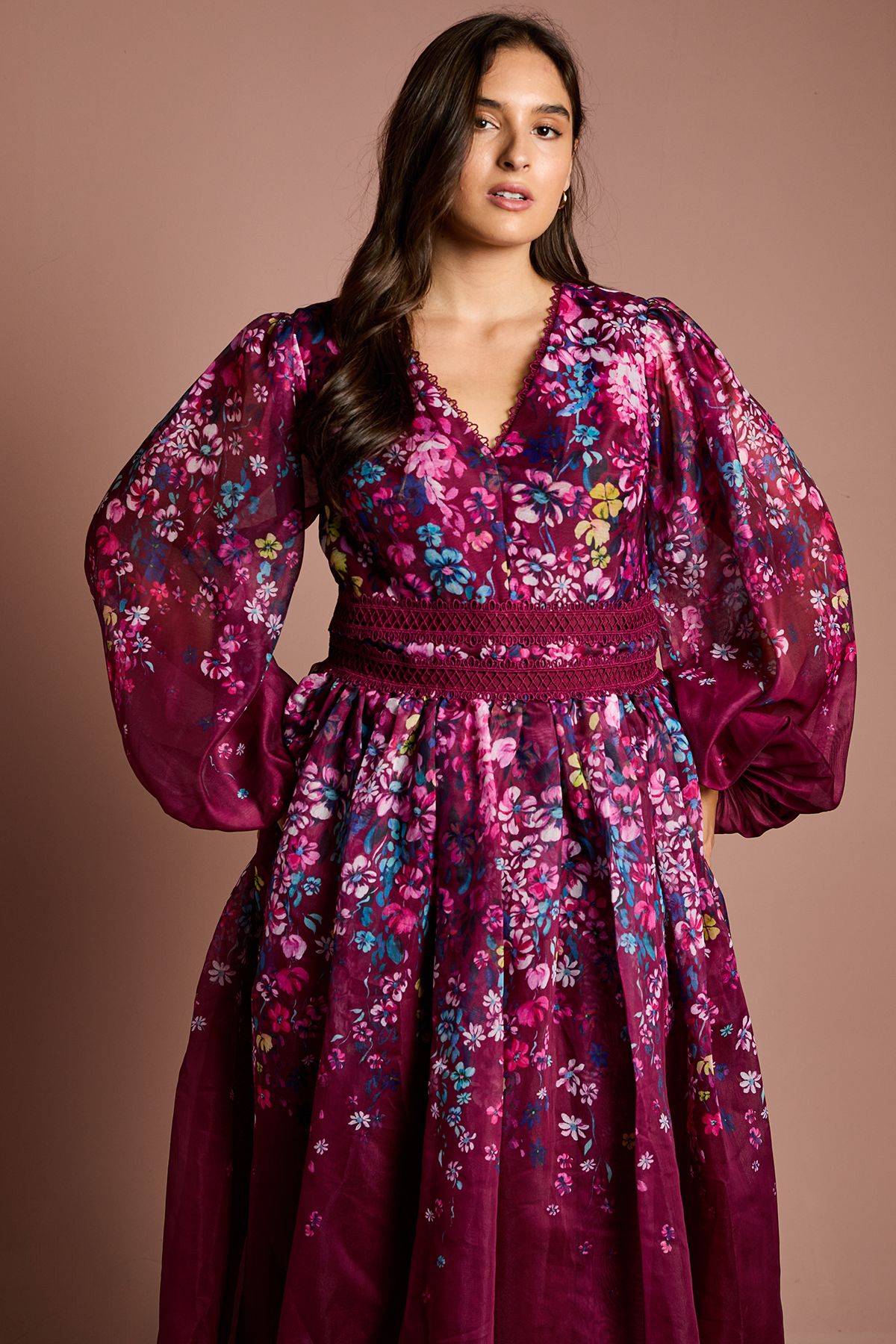 Coast Plus Size Organza Floral Placement Lace Trim Midaxi Dress Plum image 2