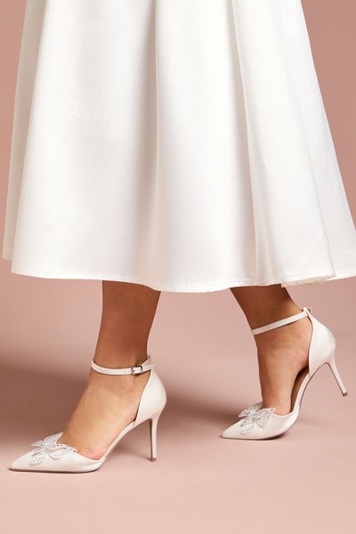 Coast Bridal Poppy Satin Diamante Butterfly Trim Pointed High Stiletto Heel Court Shoes White