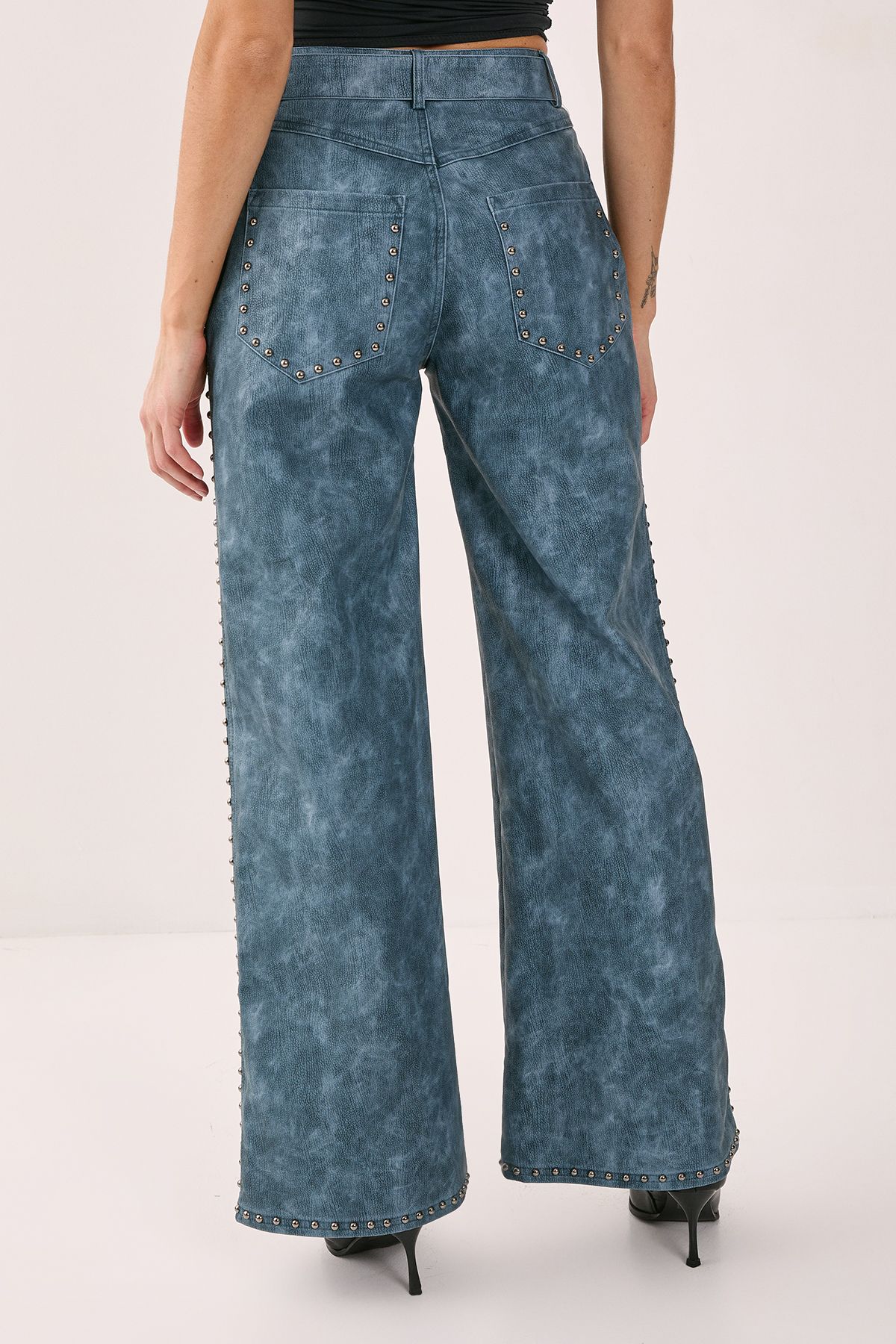 NastyGal Distressed Faux Leather Studded Detail Belted Trouser Blue image 4
