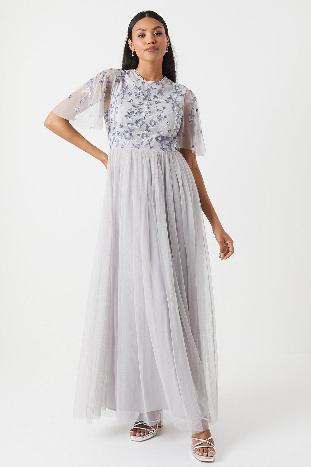 Coast Floral Embroidered Bodice Angel Sleeve Bridesmaid Dress Grey Mist image 1