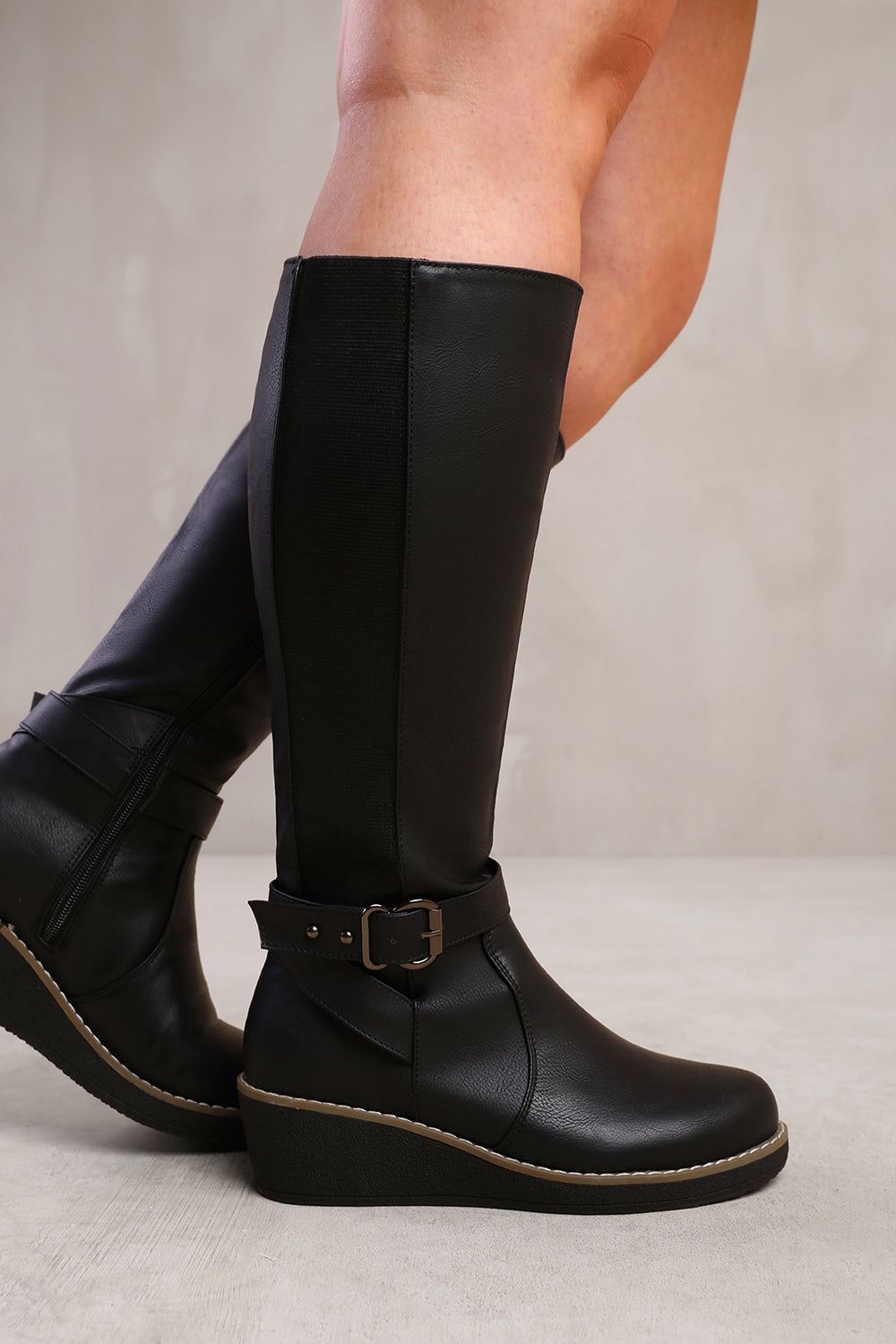 Where's That From 'Ayleen' Wide Calf Wedge Heel Knee High Boots With Elastic Panel image 4