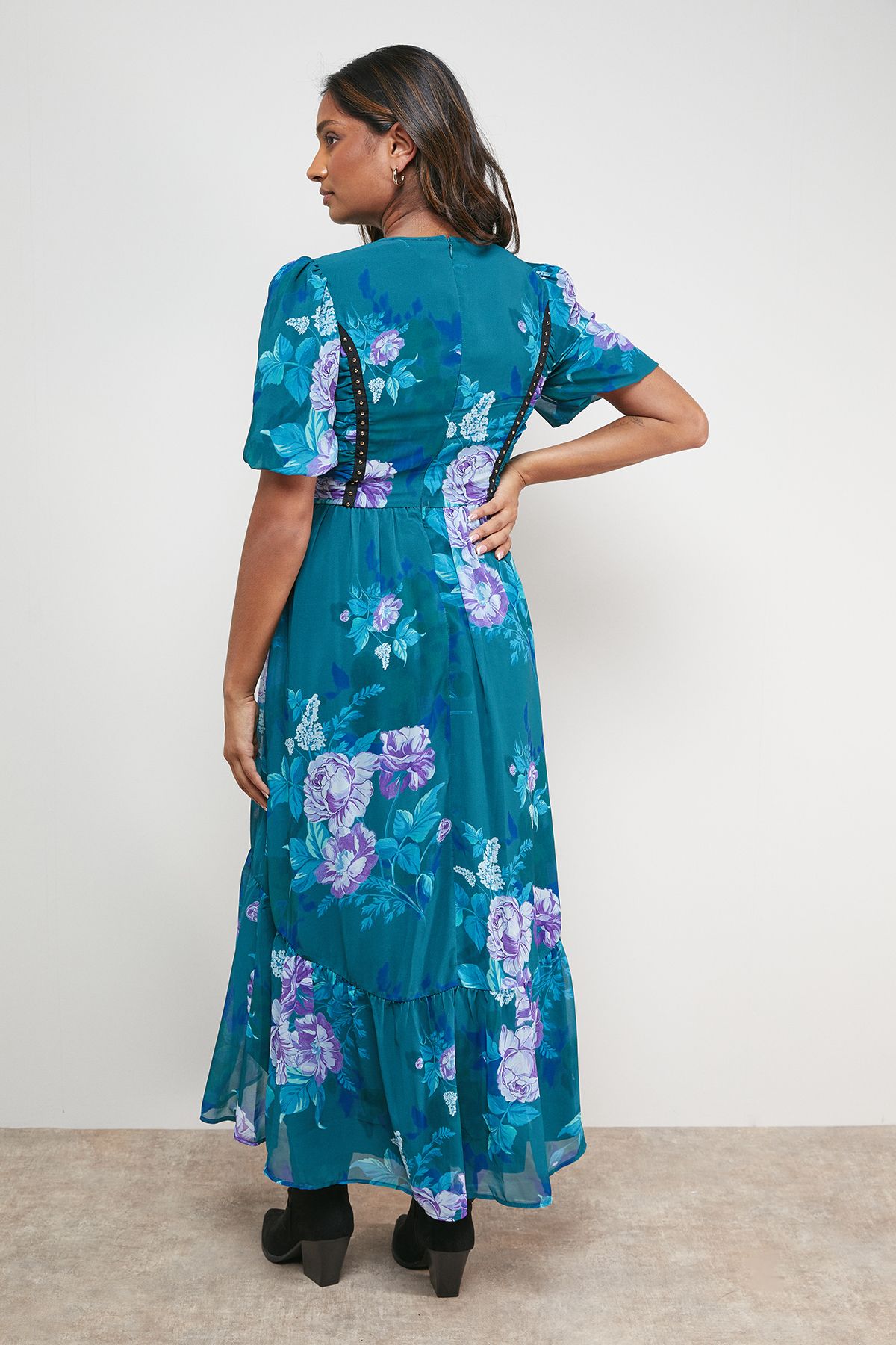 Oasis Printed Ruched Bodice Trim Detail High Low Hem Midi Dress Multi image 3