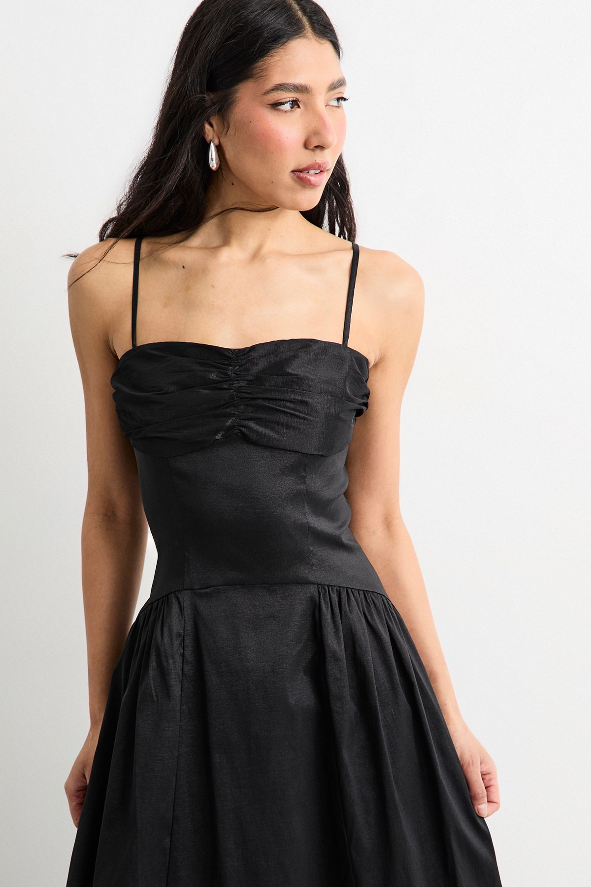 Warehouse Dropped Waist Ruched Bust Midi Dress Black image 2
