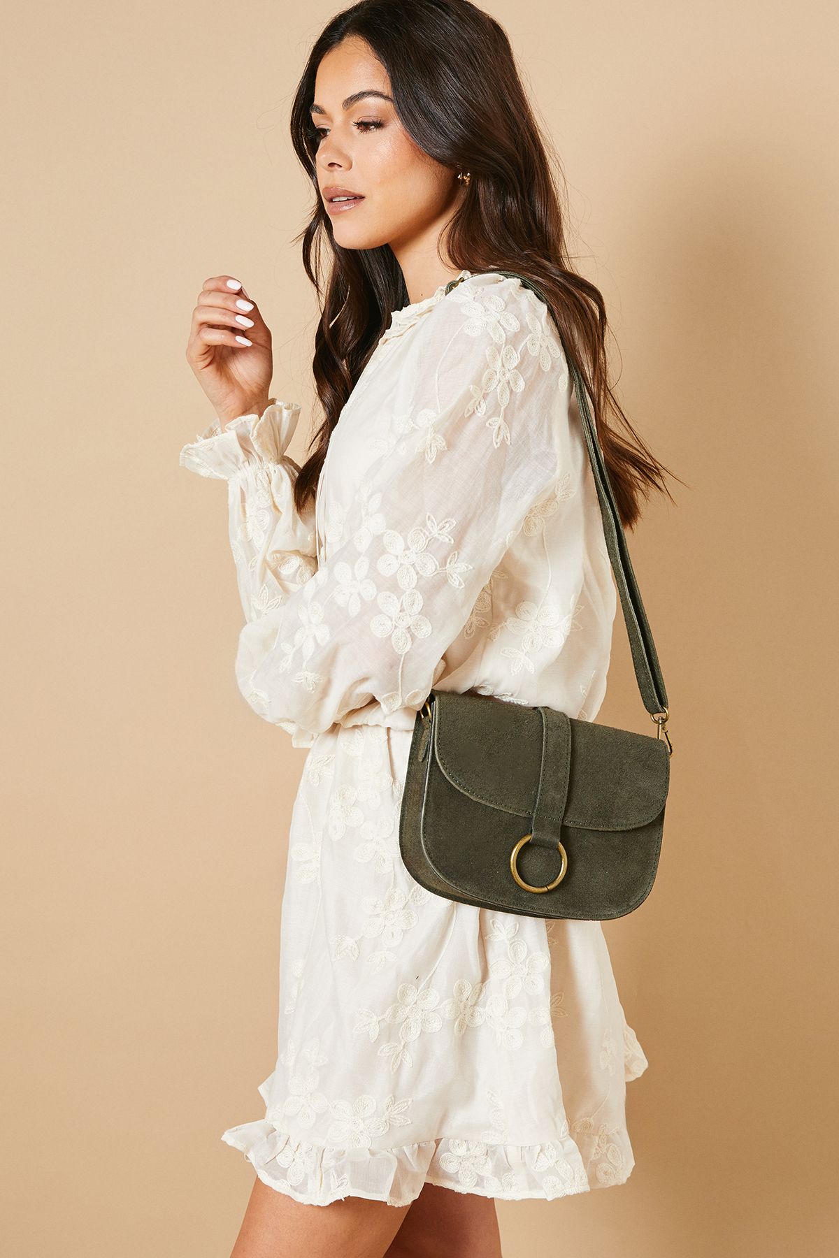 Oasis Thessina Suede Structured Ring Detail Cross Body Saddle Bag Khaki image 2