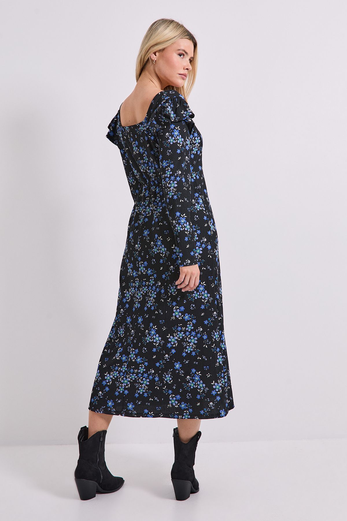 Dorothy Perkins Floral Square Neck Ruffle Shoulder Jersey Midi Dress Blue image 3