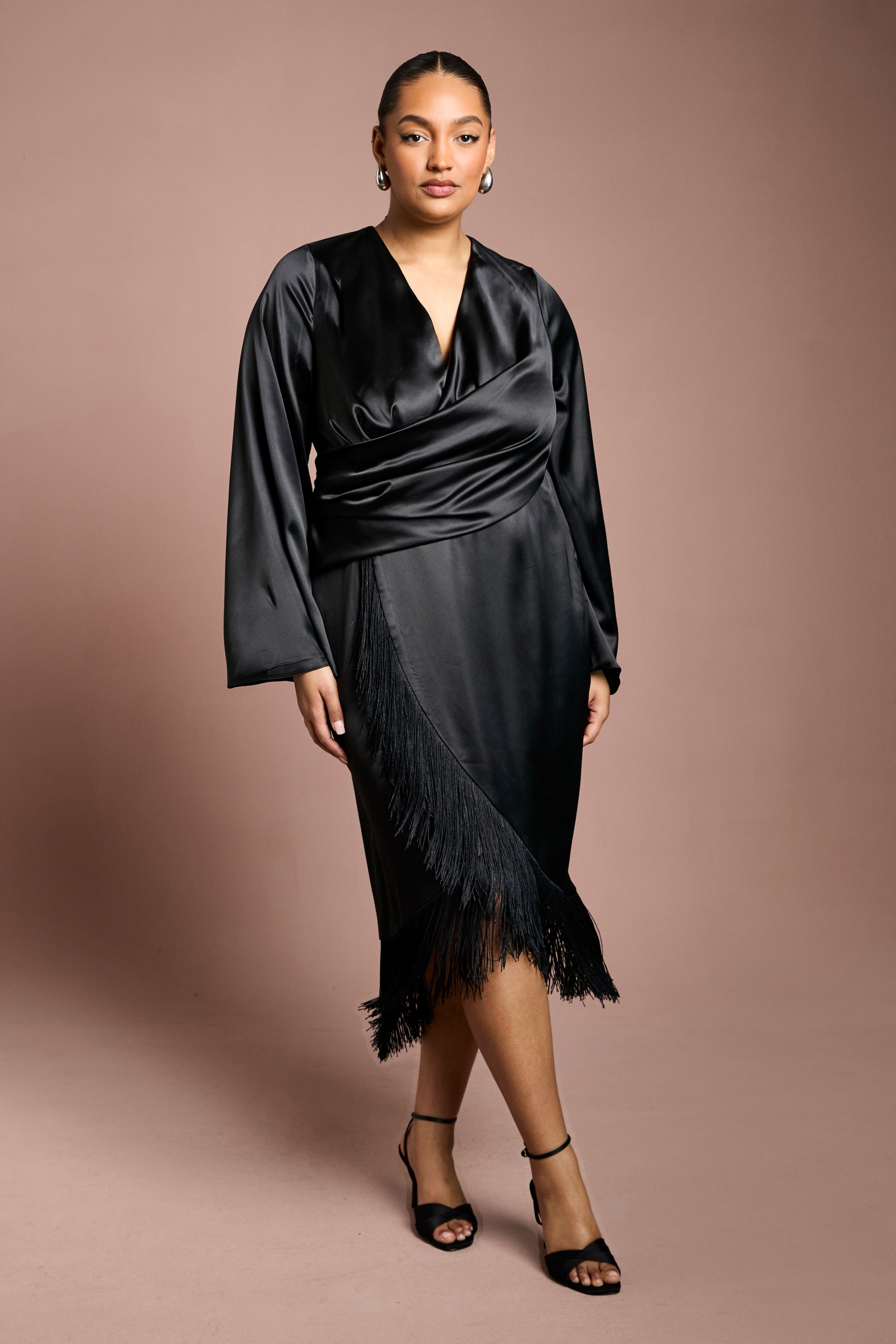 Coast Plus Satin Wrap Dress With Fringe Detail Black