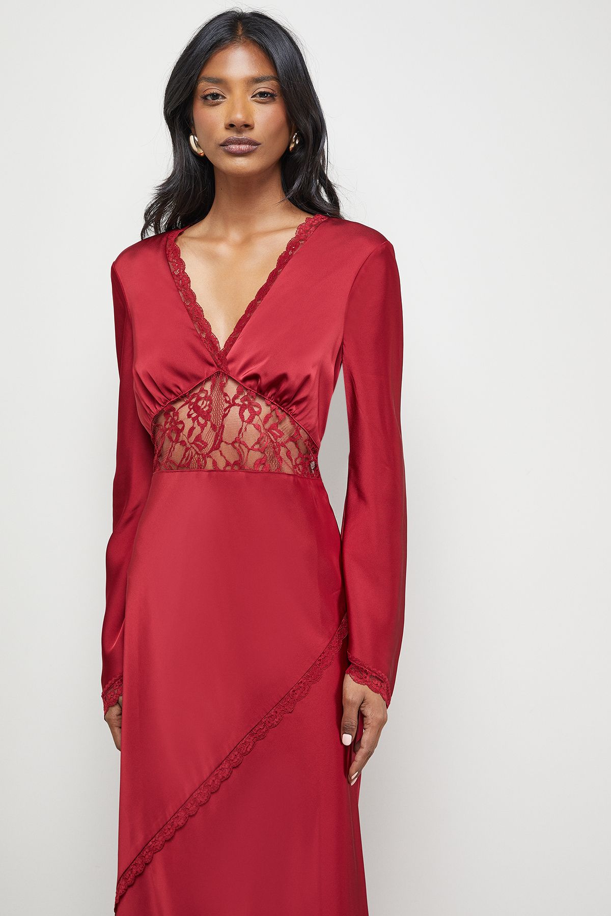 Warehouse Satin Lace Insert Flute Sleeve Midi Dress Dark Red image 2