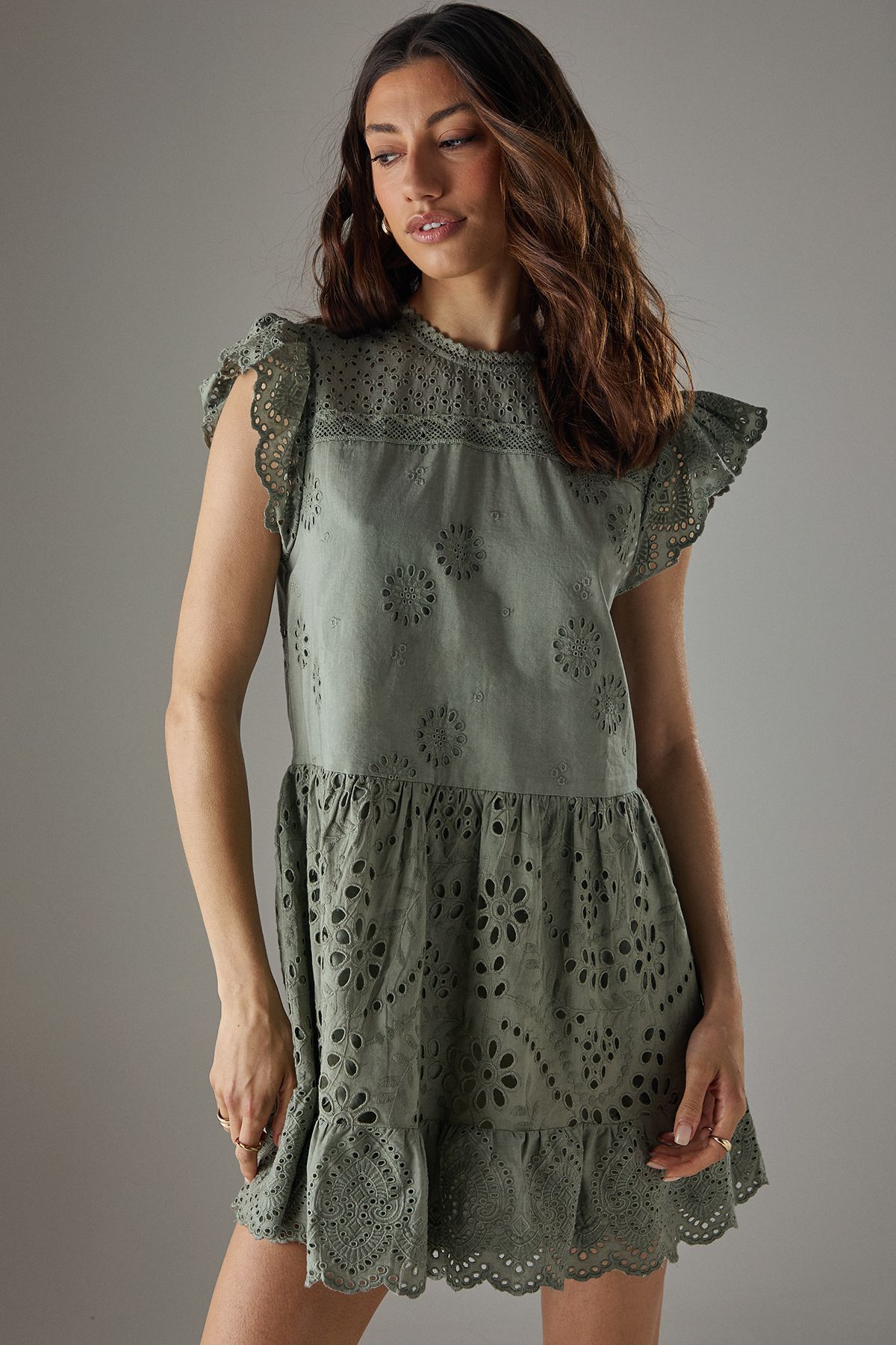 Warehouse Broderie Mix Tier Mini Smock Dress Khaki image 2