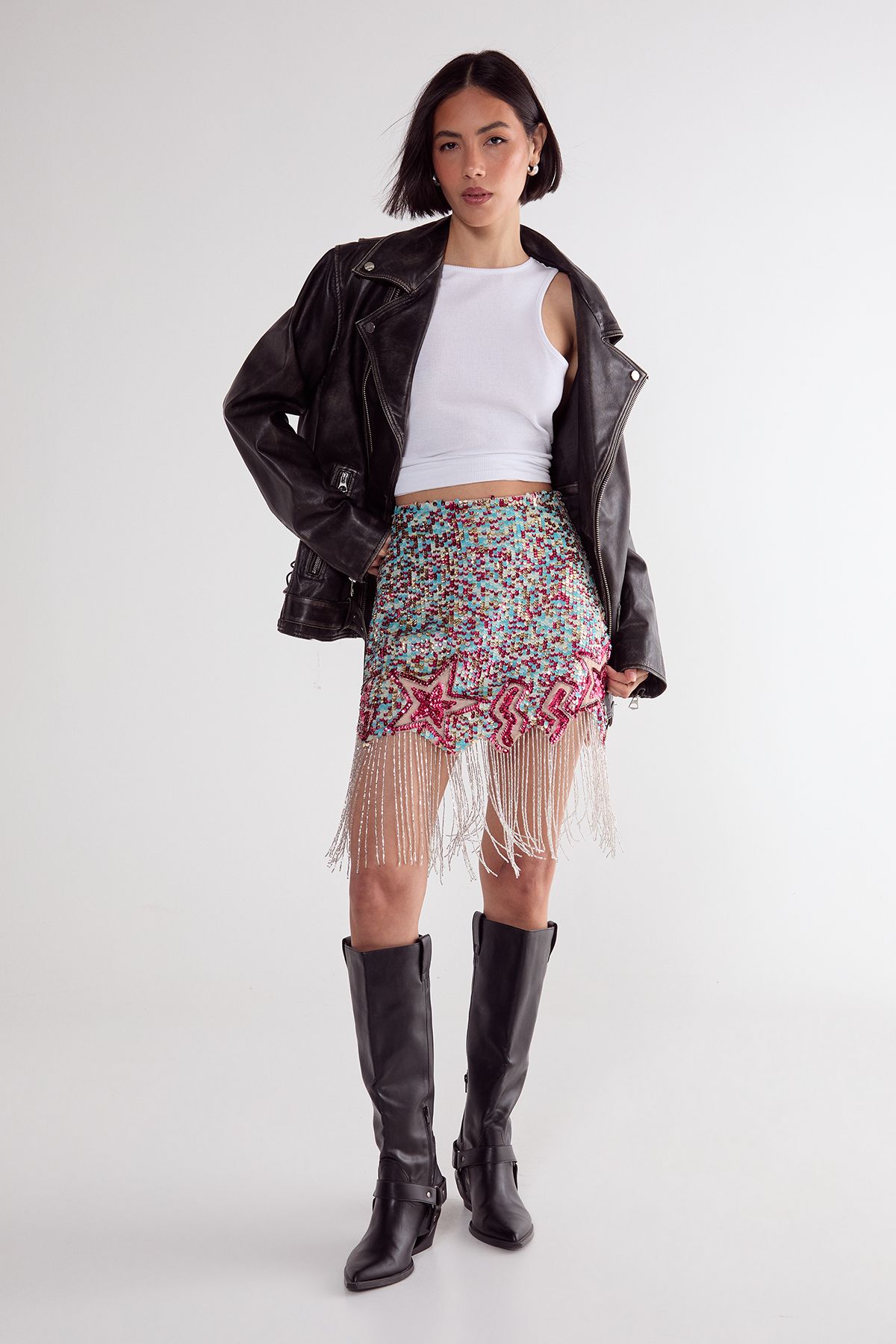 NastyGal Sequin Star Lightening Bolt Tassel Mini Skirt Turquoise image 3