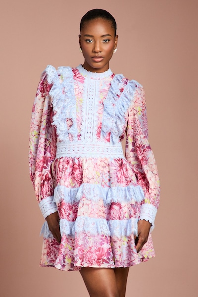 Coast Printed Long Sleeve Lace Trim Mini Dress Pink