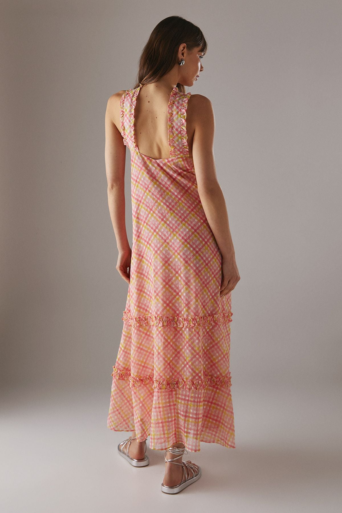 Warehouse Dobby Chiffon Frill Halter Tier Ruffle Maxi Dress Multi image 3