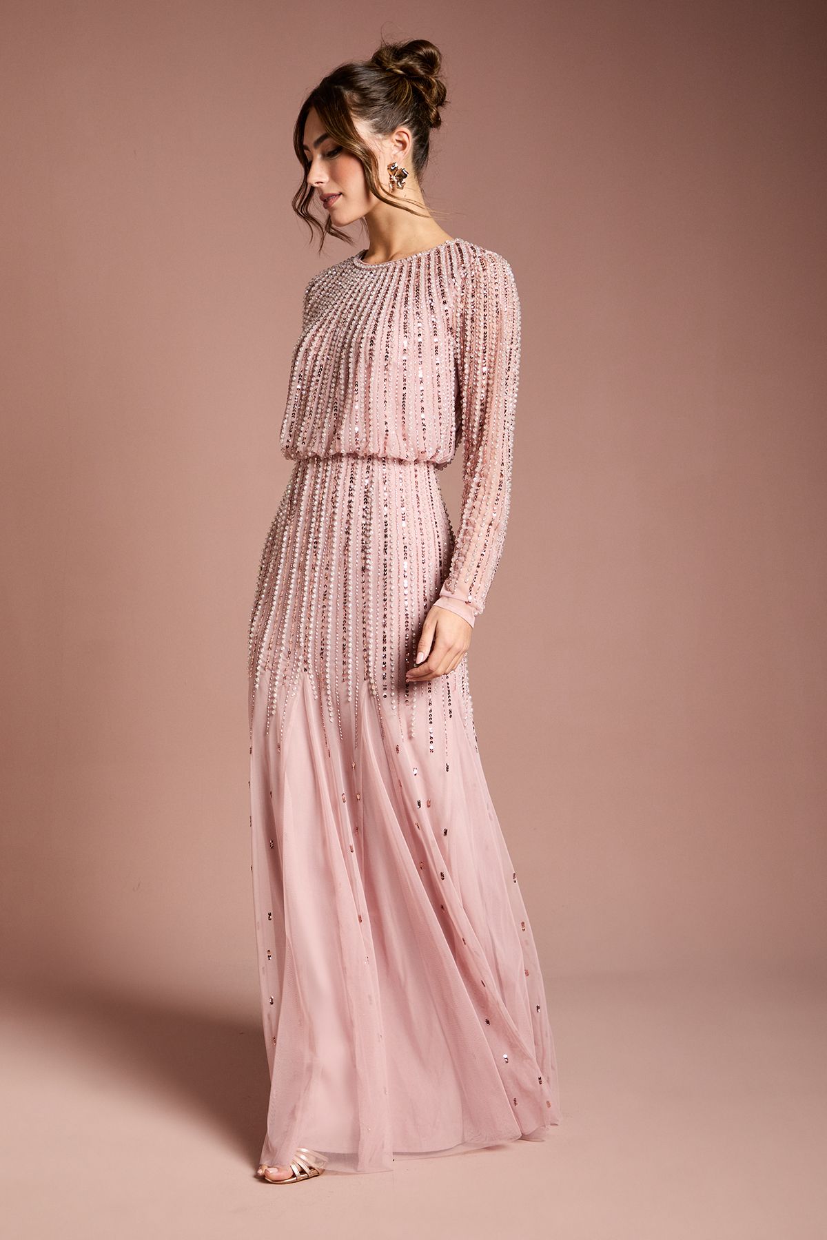 Coast Linear Sequin Embellished Long Sleeve Maxi Dress Blush image 1