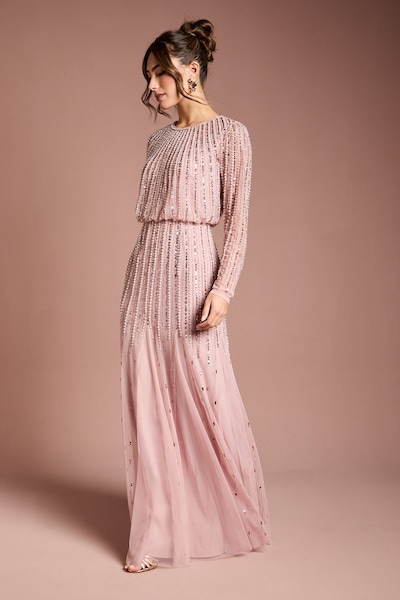 Coast Linear Sequin Embellished Long Sleeve Maxi Dress Blush
