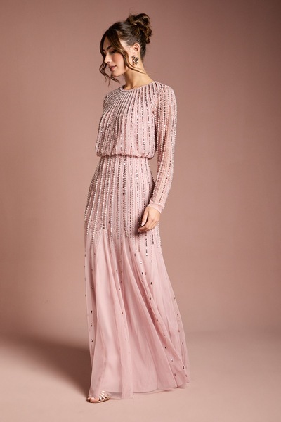 Coast Linear Sequin Embellished Long Sleeve Maxi Dress Blush