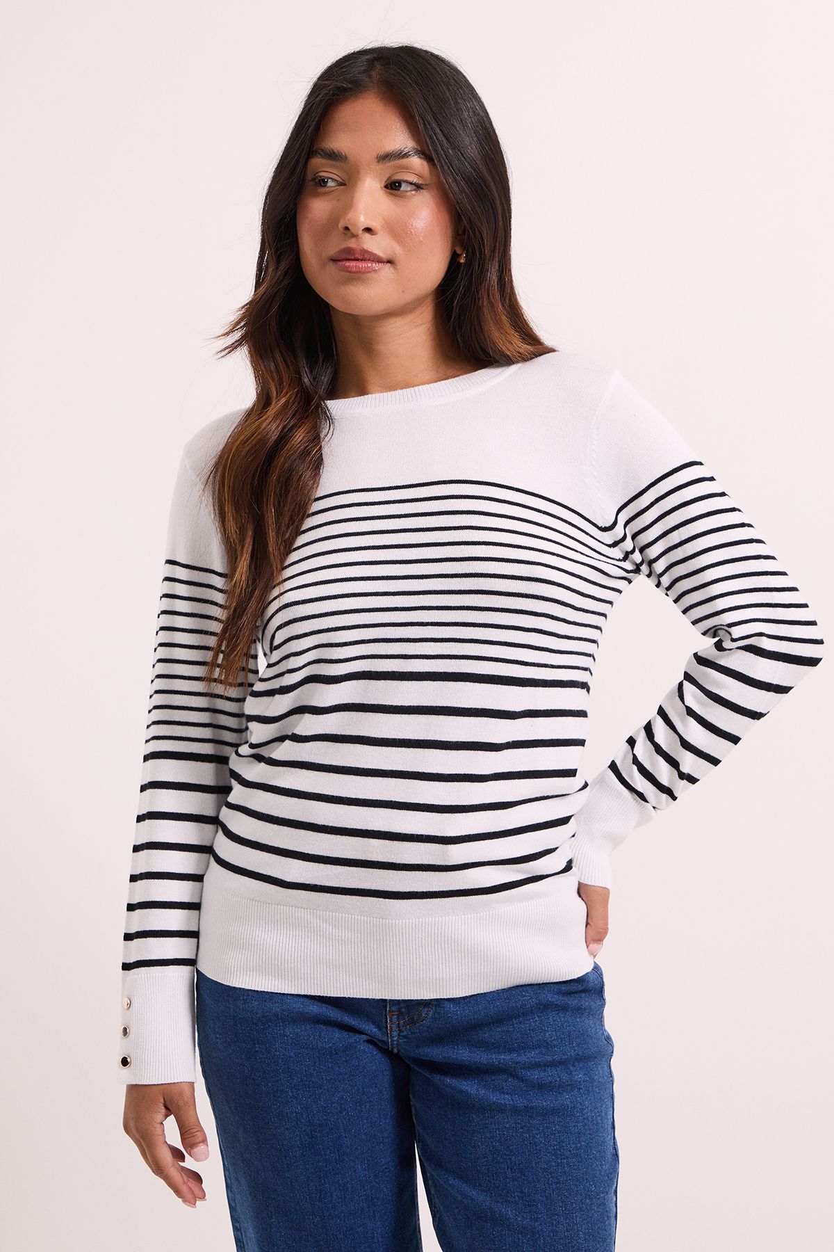 Dorothy Perkins Petite Stripe Crew Neck Button Cuff Jumper Stripe image 2