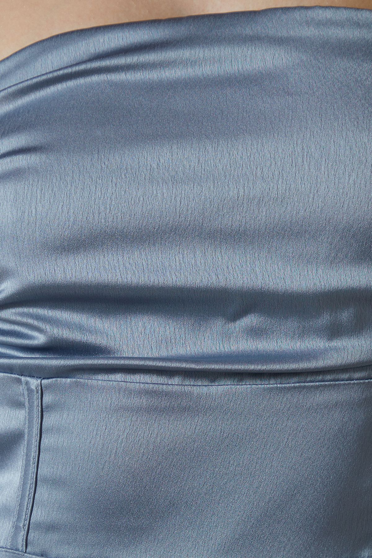 Coast Puff Sleeve Bardot Satin Maxi Bridesmaid Dress Dusty Blue image 5