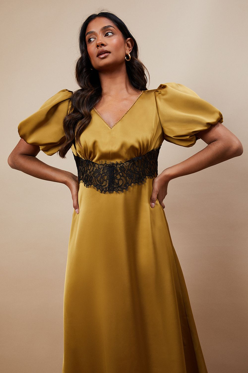 Oasis Occasion Satin Lace Waist Midi Dress Gold image 2