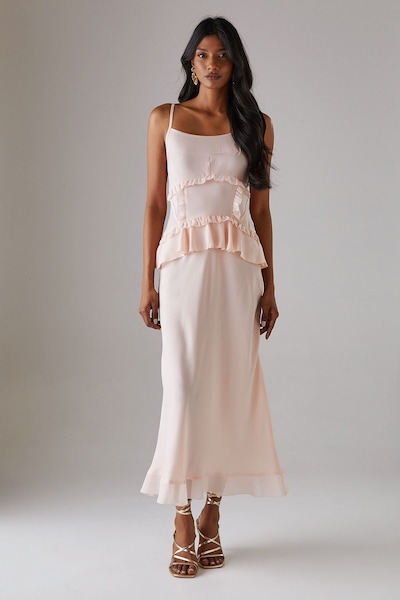 Warehouse Satin Strappy Seam Detail Peplum Midi Dress Soft Pink