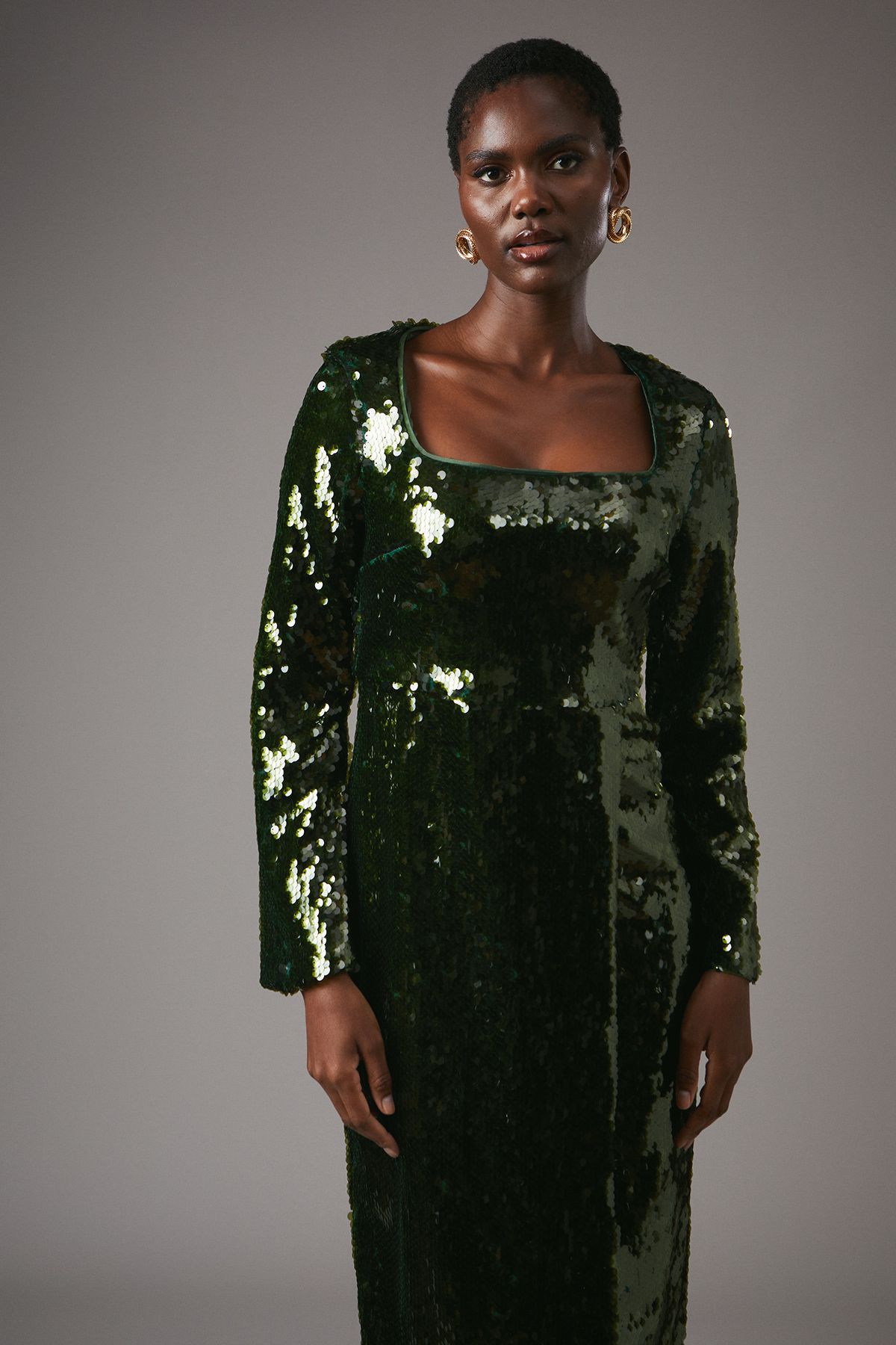 Coast Party Sequin Long Sleeve Pencil Dress With Square Neck Olive image 2