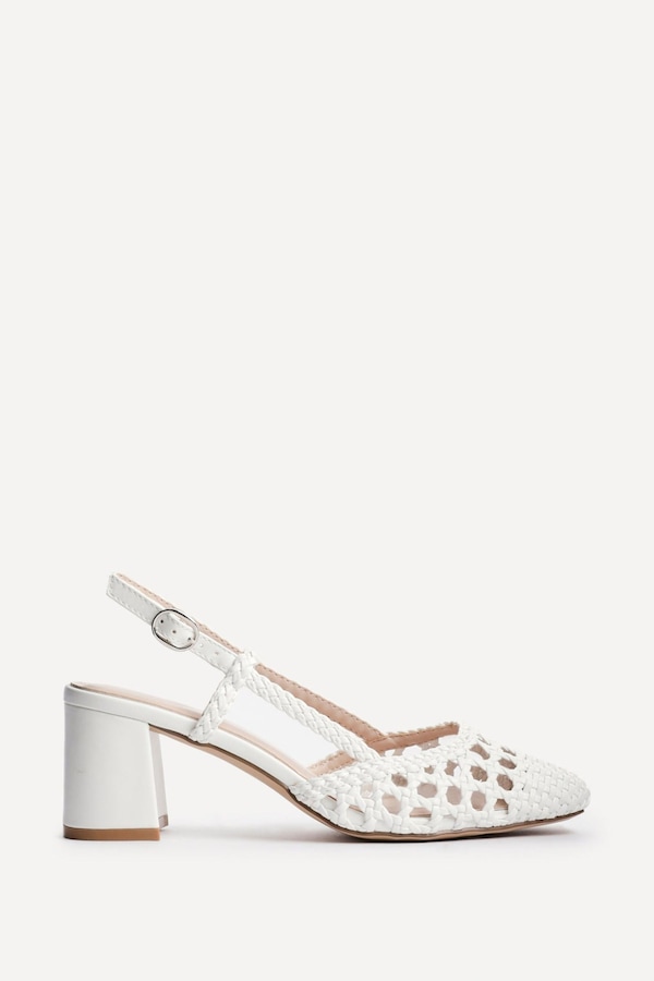 Linzi Sandria White Faux Leather Hand Woven Court Heels