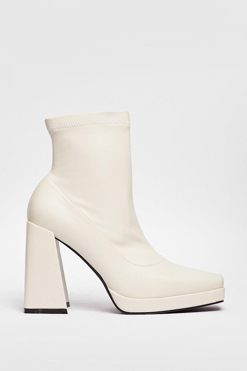 NastyGal Faux Leather Square Toe High Ankle Boots Cream image 3