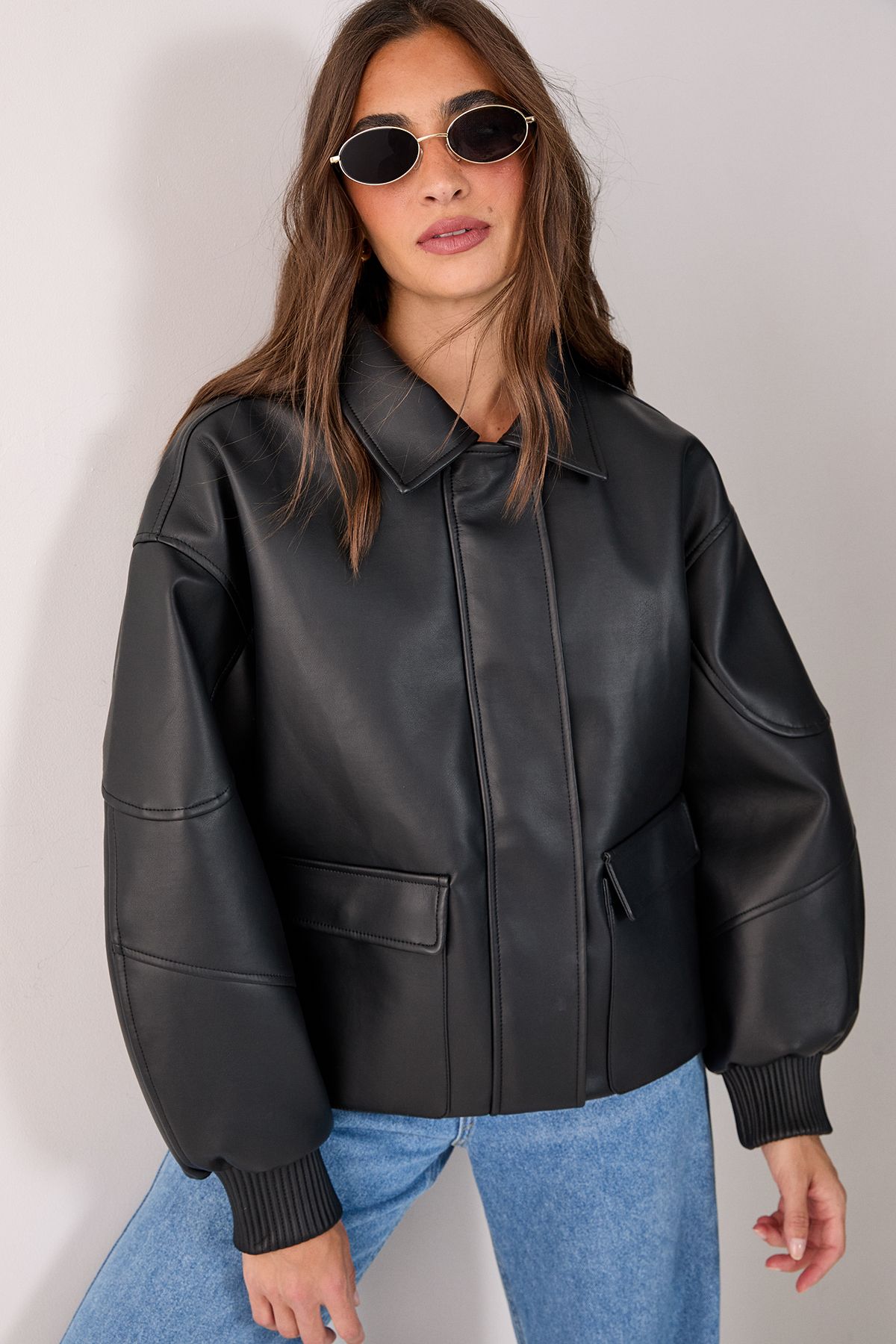 NastyGal Oversized Longline Faux Leather Bomber Jacket Black image 1