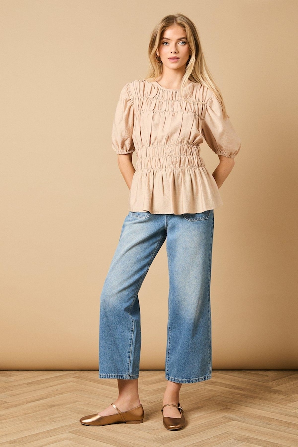 Oasis Shirred Bodice Puff Sleeve Top Stone