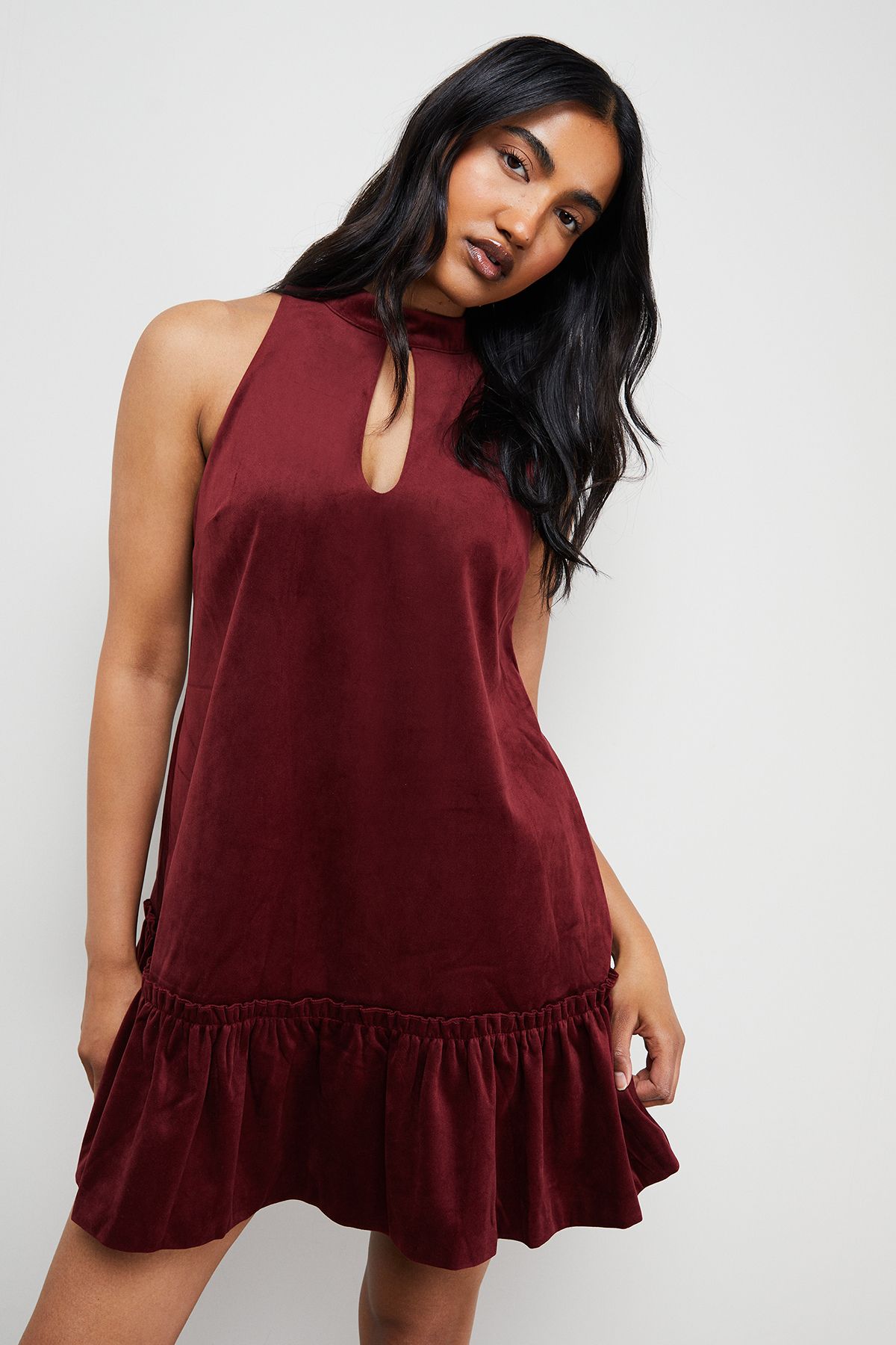 Warehouse Bonded Velvet High Neck Mini Dress Red image 1