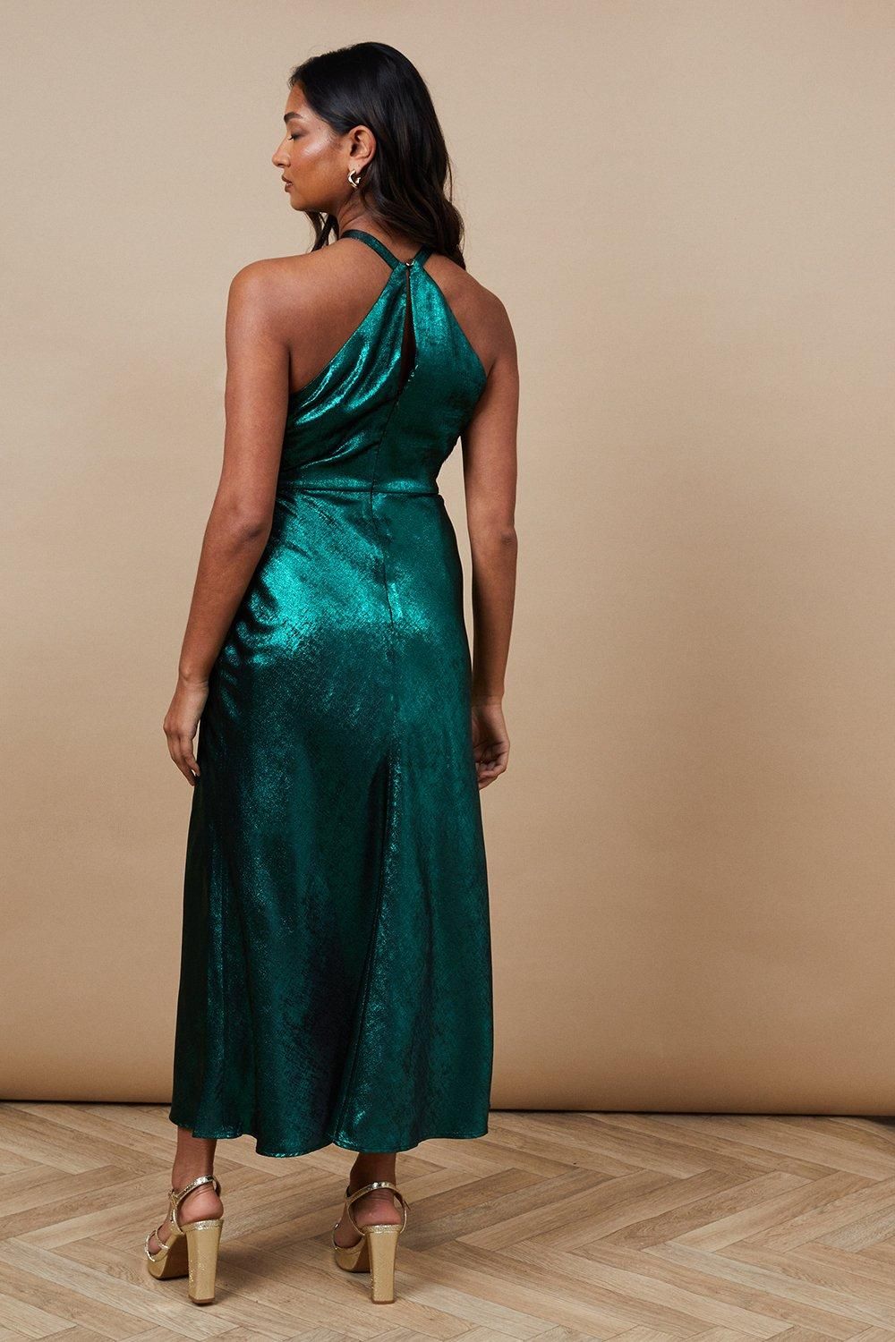 Oasis Foil Halterneck Ruffle Foil Midaxi Dress Green image 3