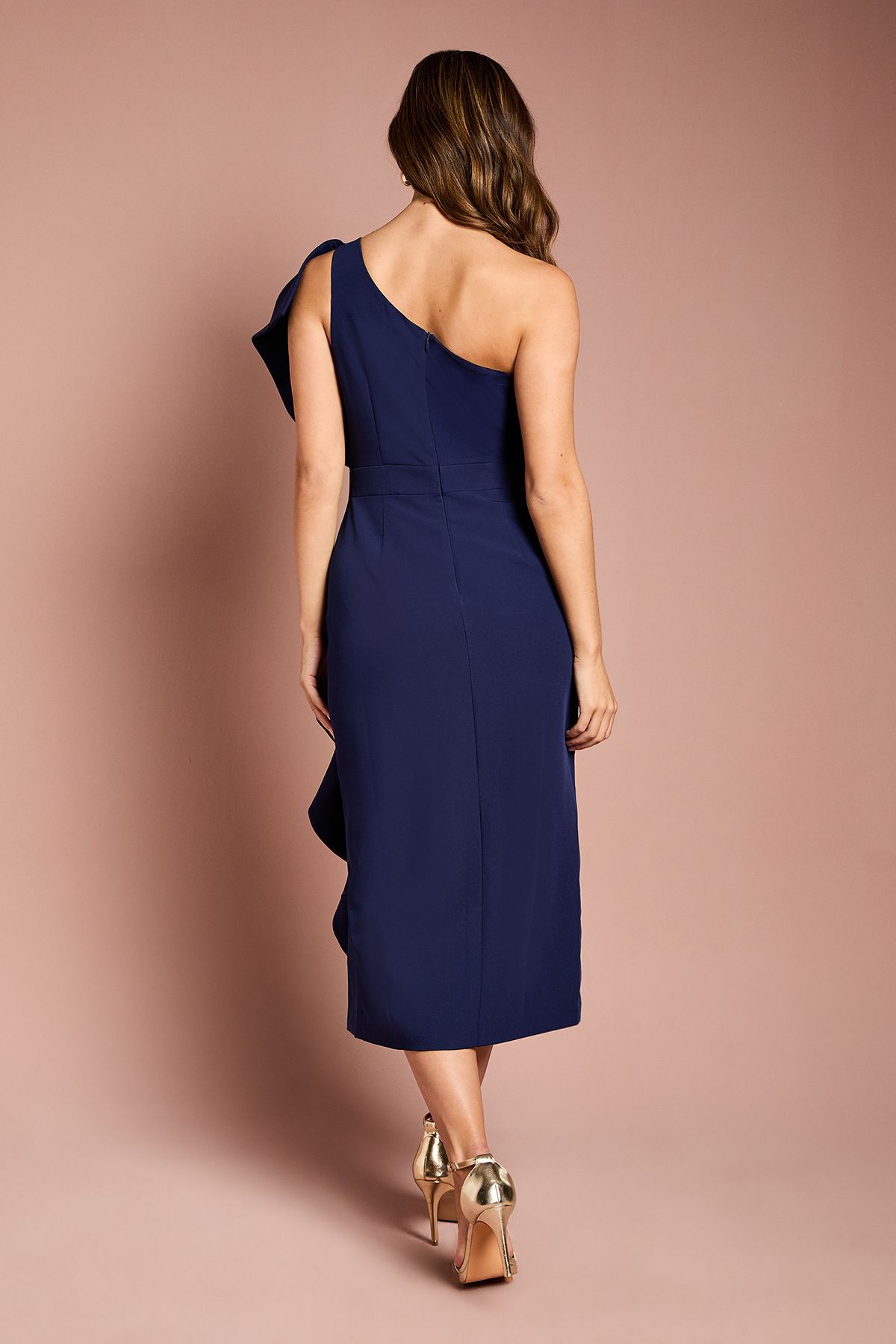 Coast One Shoulder Ruffle Crepe Pencil Midi Dress Navy image 4