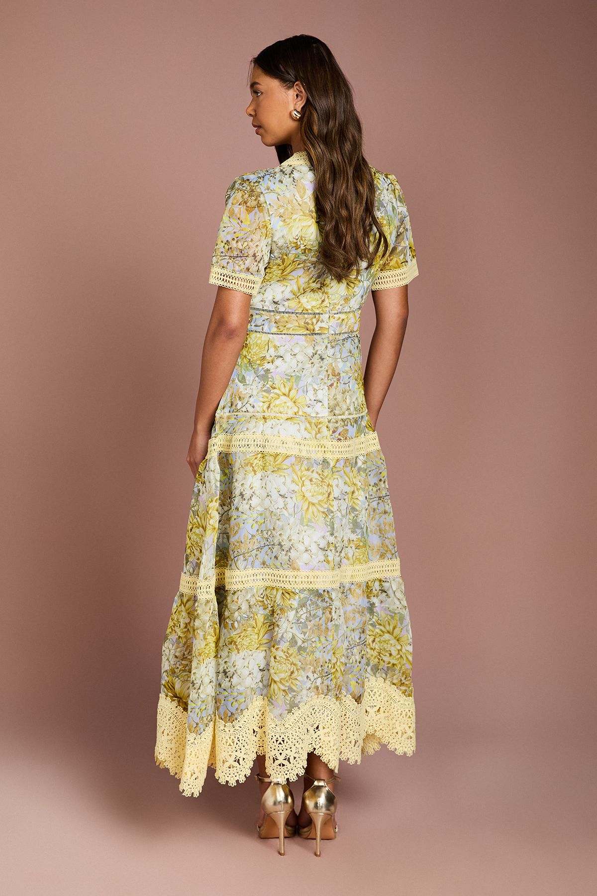 Coast Lace Trim Printed Organza Midi Dress Green image 3