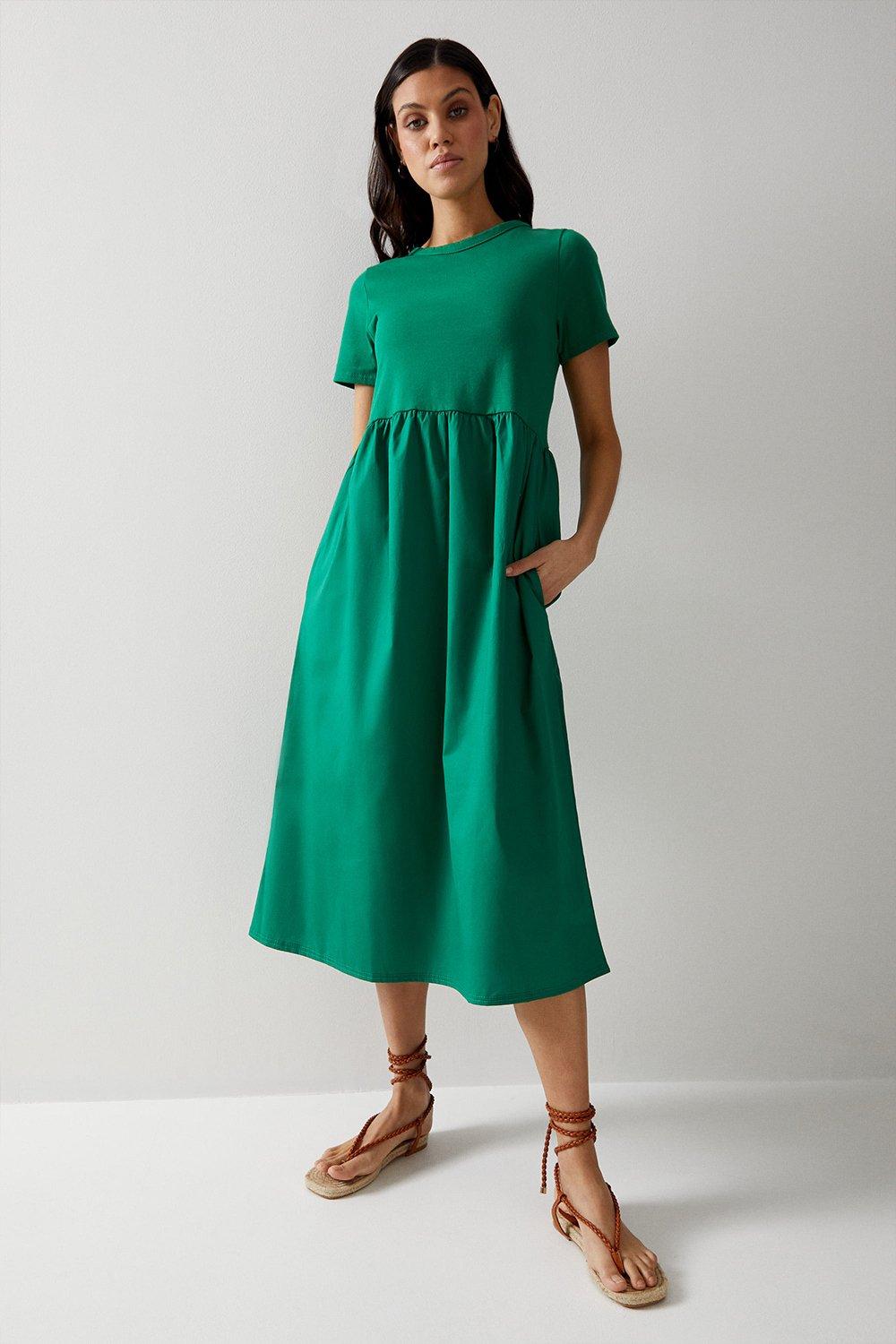 Warehouse Short Sleeve Woven Mix Midi Dress image 1