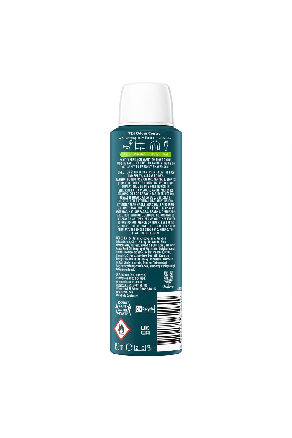 Sure Whole Body 'Deodorant Spray' Active Fresh w/ 72H Odour free 150ml, 3pk image 6