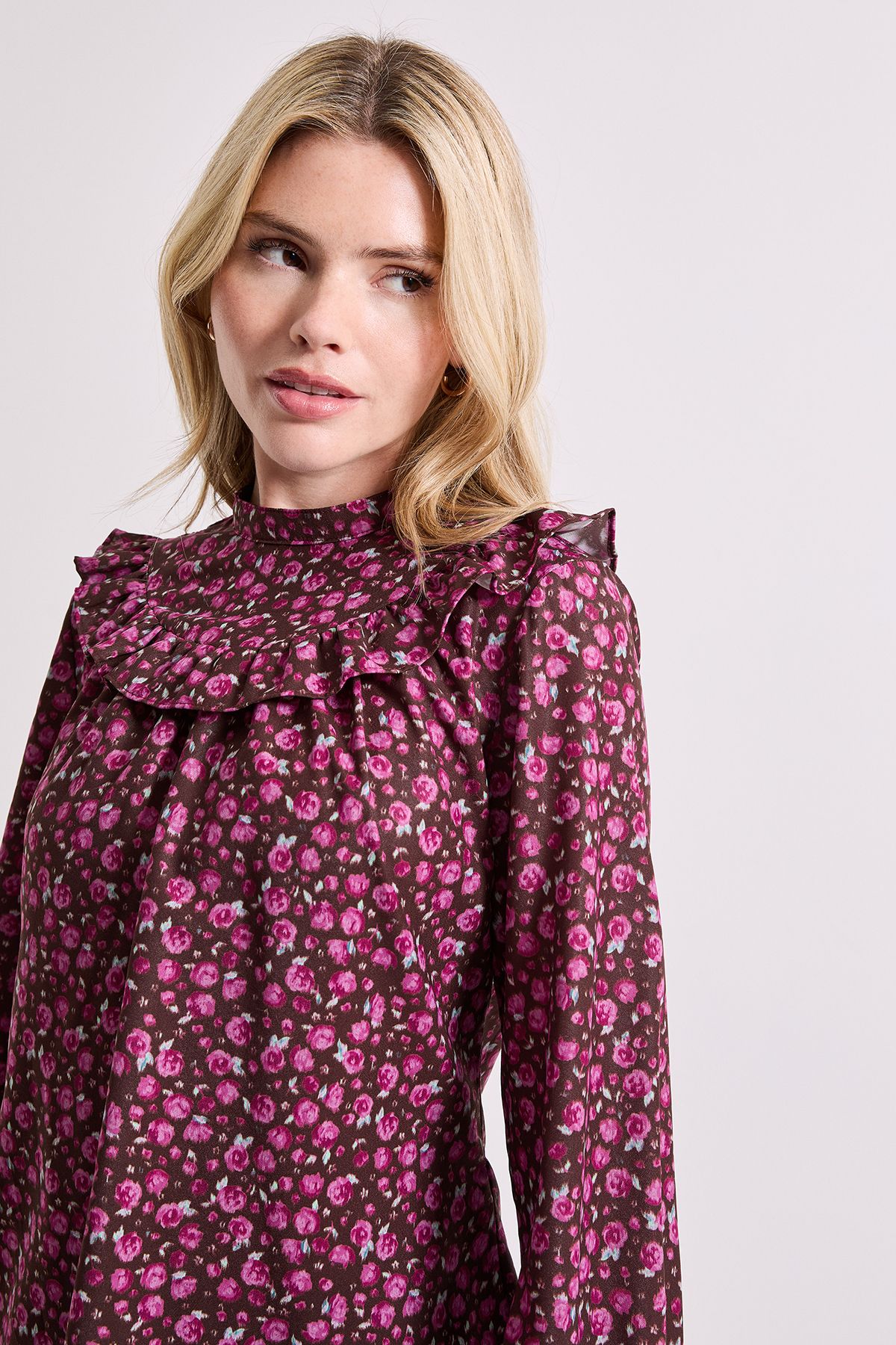 Dorothy Perkins Ditsy Ruffle Neck Printed Long Sleeve Blouse Purple image 4