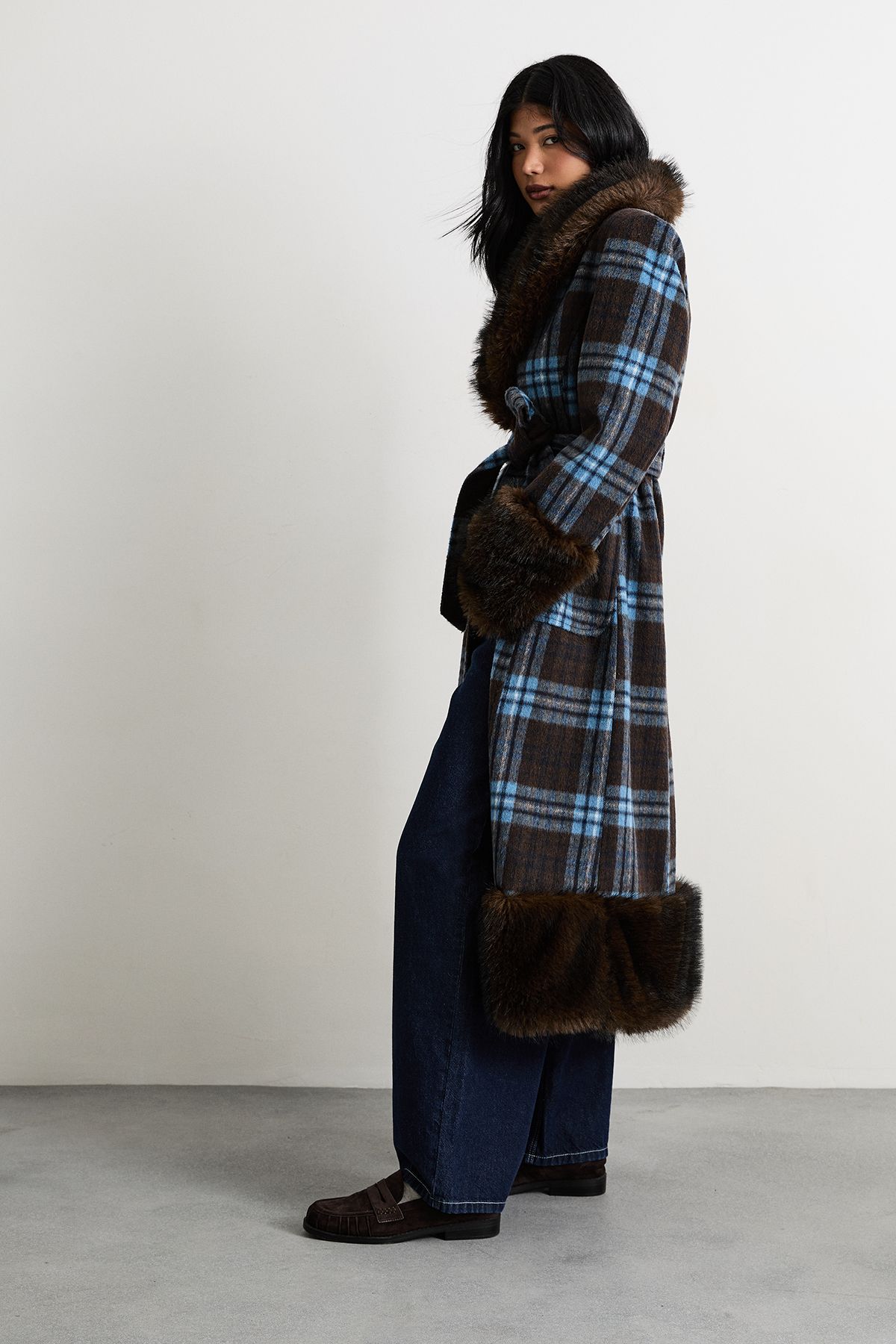 Warehouse Faux Fur Collared Check Belted Coat Cobalt image 4