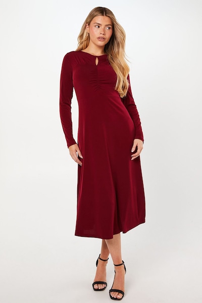 Dorothy Perkins Keyhole Ruched Yoke Long Sleeve Midi Dress Berry