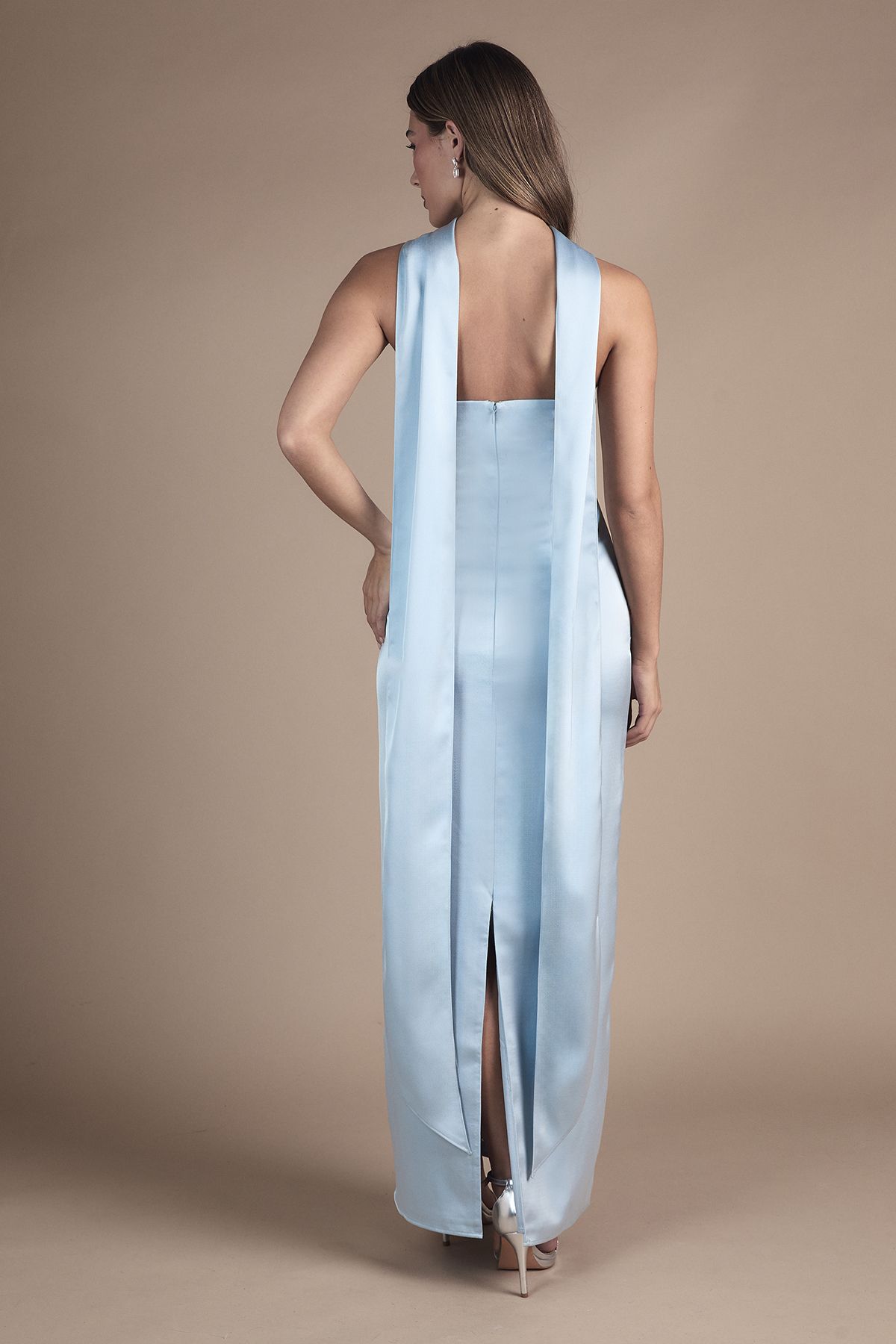 Oasis Oasis By Coast Bandeau Satin Bridesmaid Maxi Dress With Scarf Light Blue image 3