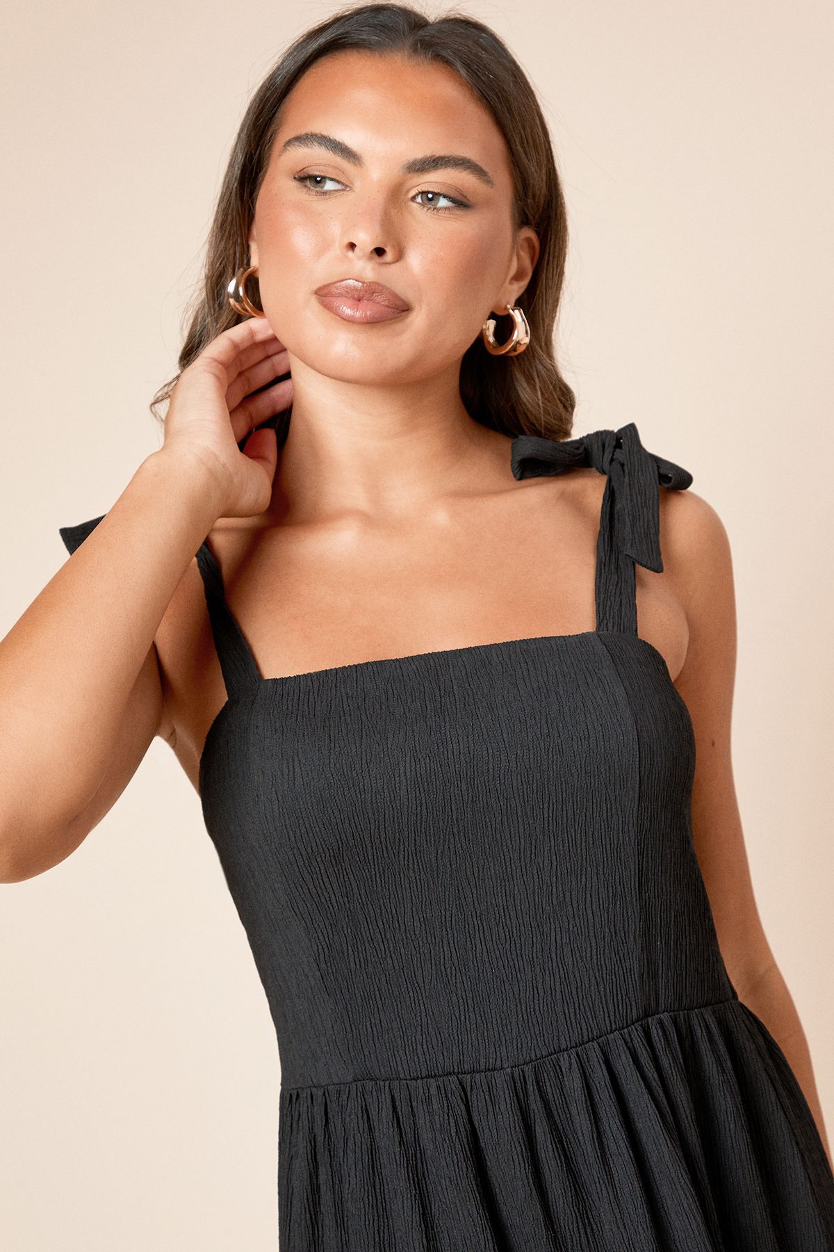 Dorothy Perkins Tie Shoulder Tiered Maxi Jersey Dress Black image 3