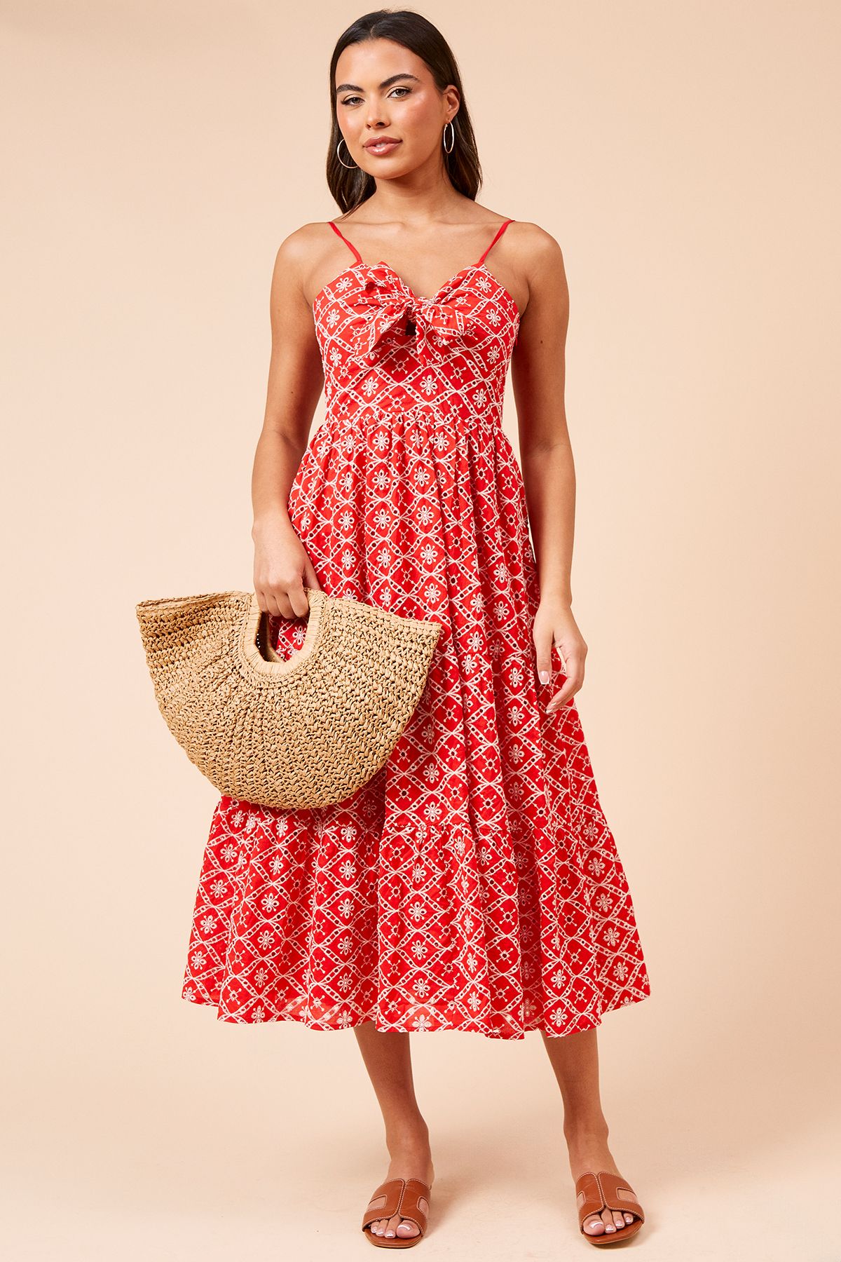 Dorothy Perkins Tie Front Broderie Midi Dress Red image 1