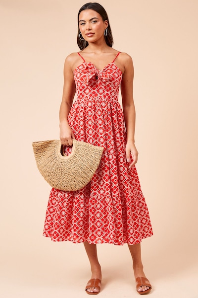 Dorothy Perkins Tie Front Broderie Midi Dress Red