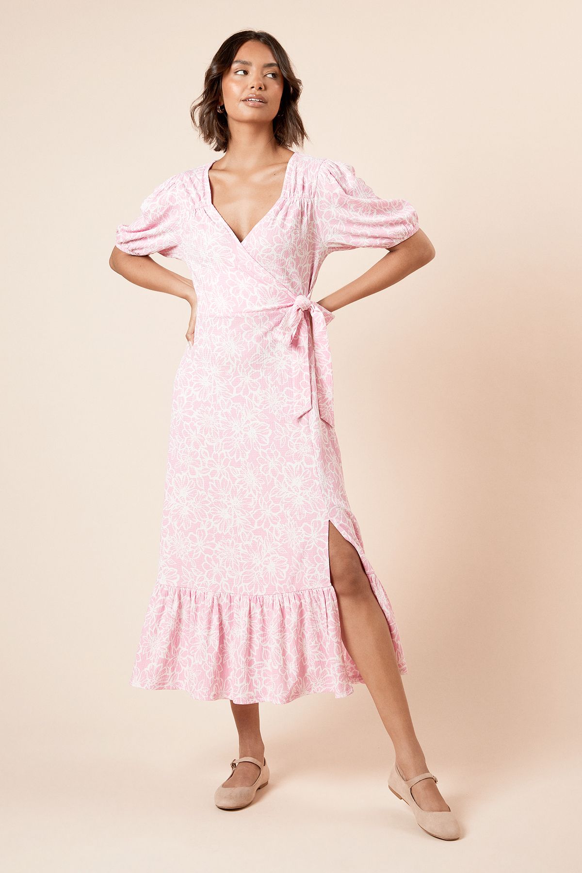 Dorothy Perkins Pink Floral Puff Sleeve Wrap Front Midi Dress Pink image 2