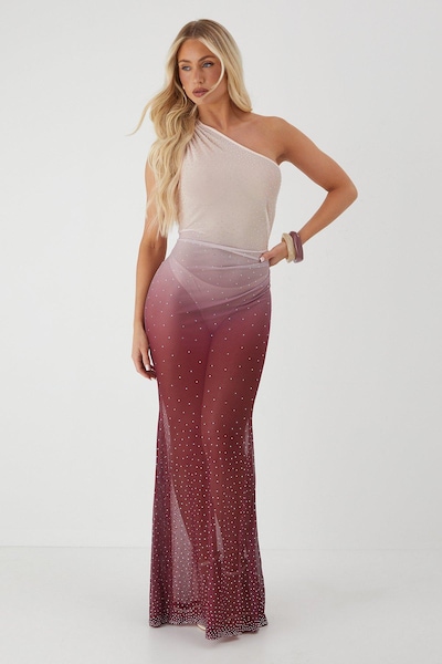 MissPap Sheer Ombre Diamante Embellished One Shoulder Maxi Dress Berry