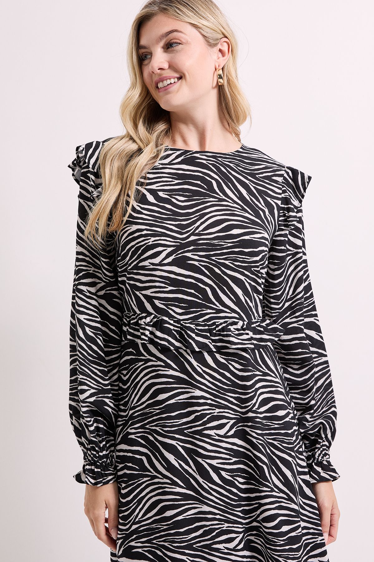 Dorothy Perkins Frill Detail Long Sleeve Midi Dress Zebra image 3