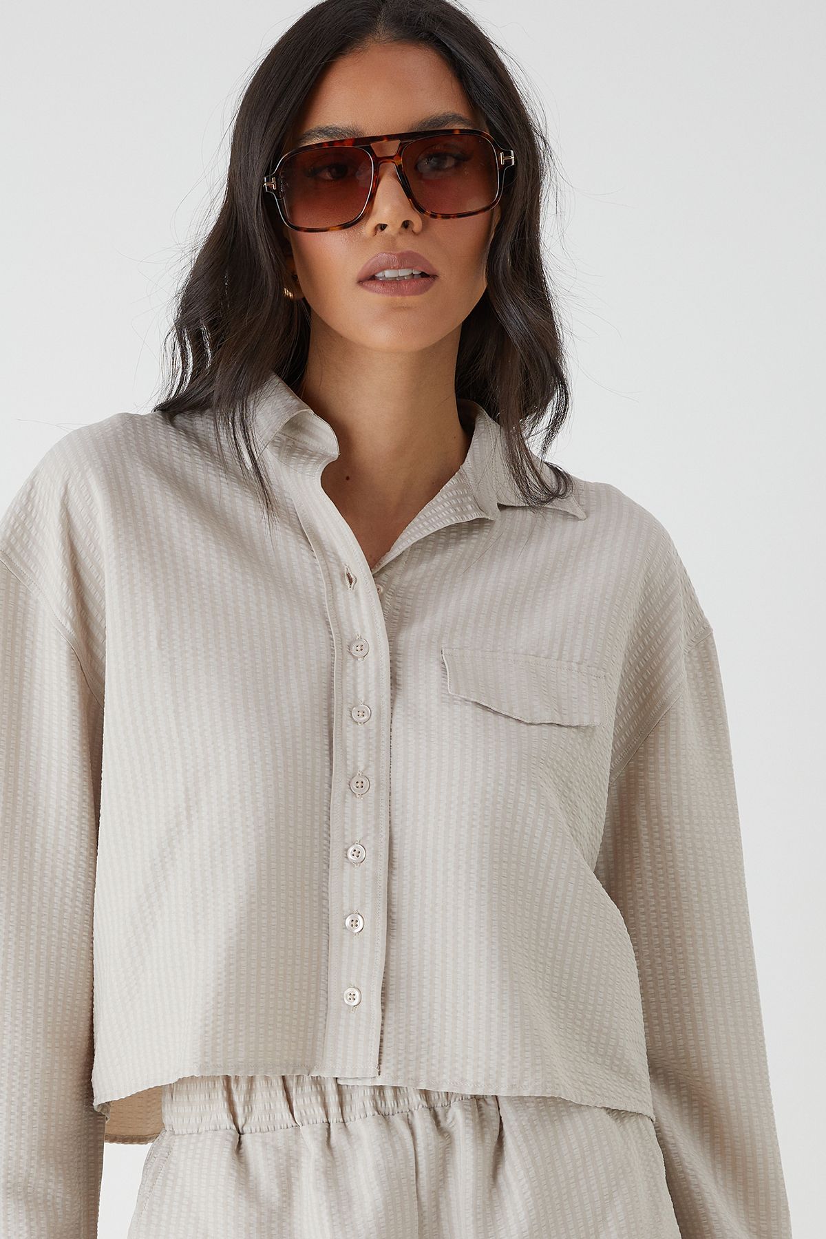 MissPap Seer Sucker Cropped Shirt Taupe image 3