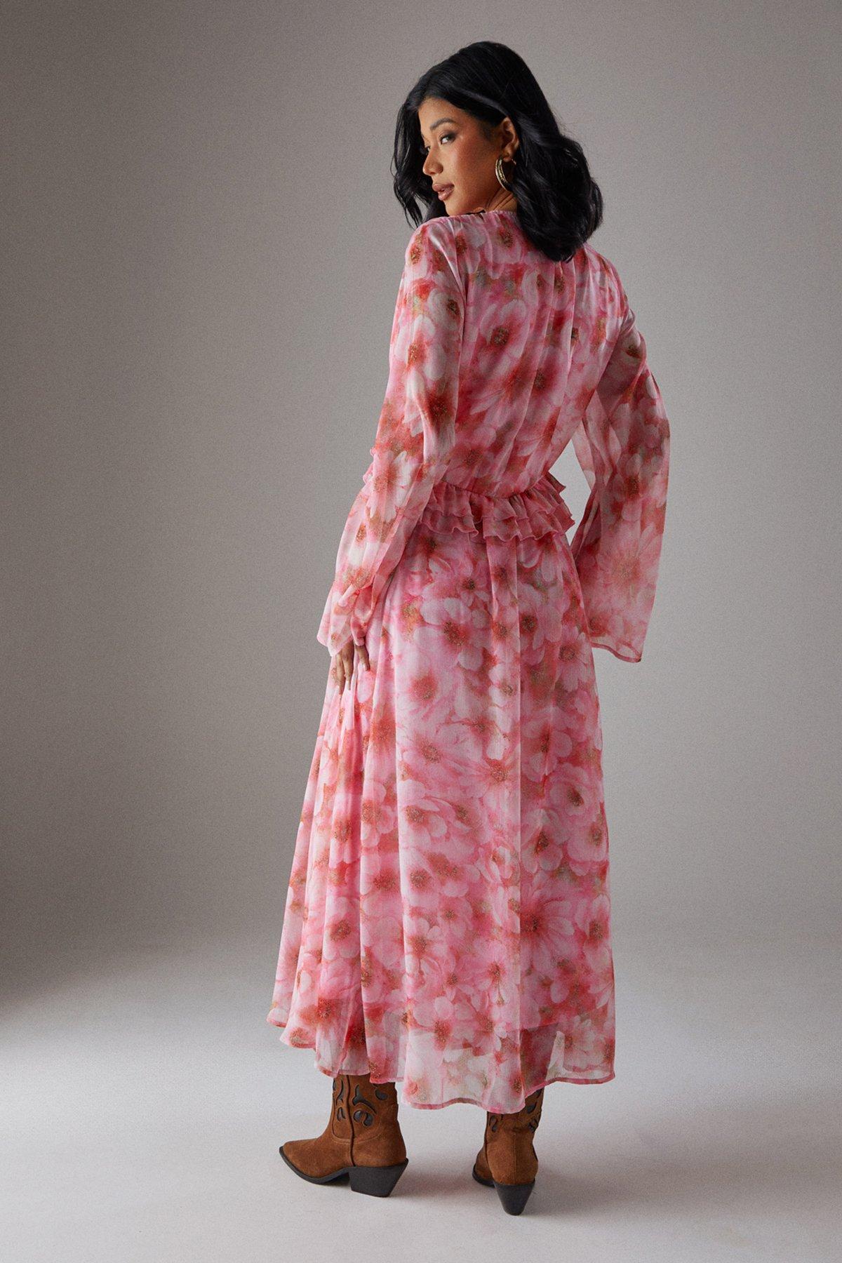 Warehouse Ruffled Plunge Neck Midi Dress Pink image 3