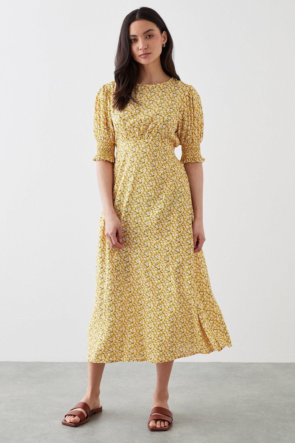 Dorothy Perkins Petite Yellow Ditsy Shirred Cuff Midi Dress Yellow image 2