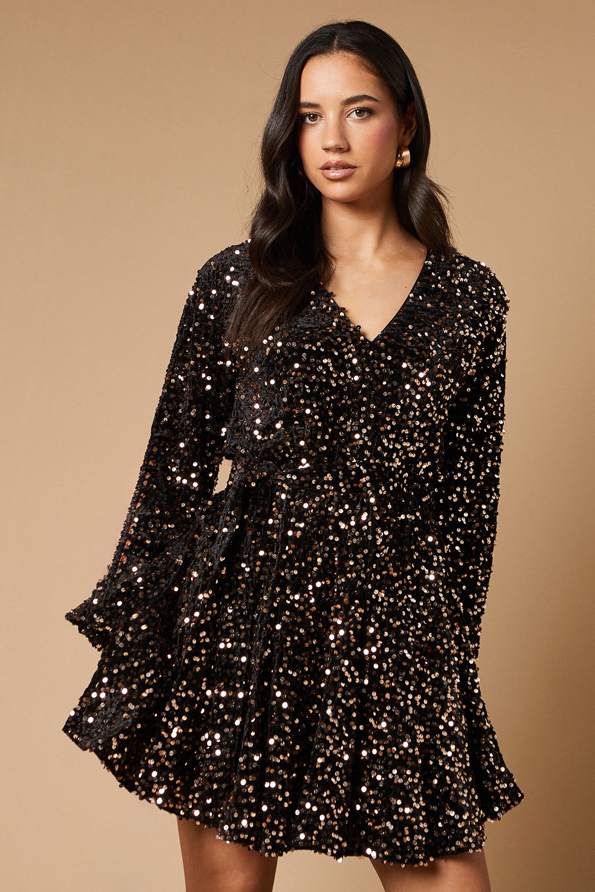 Oasis Sequin Long Sleeve Button Detail Mini Dress Gold image 1