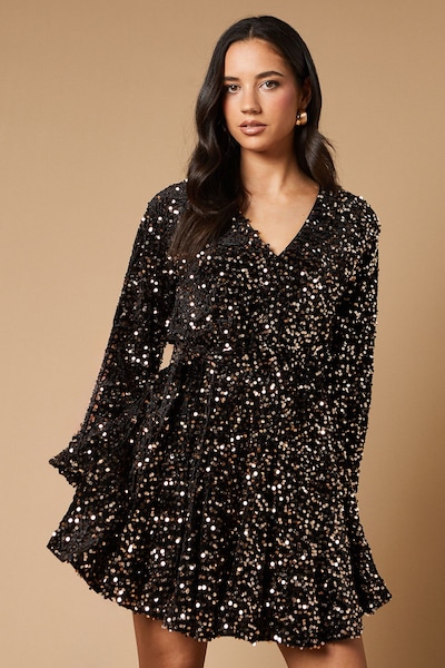 Oasis Sequin Long Sleeve Button Detail Mini Dress Gold