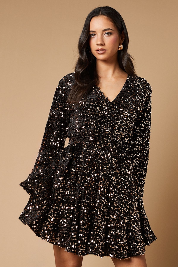 Oasis Sequin Long Sleeve Button Detail Mini Dress Gold